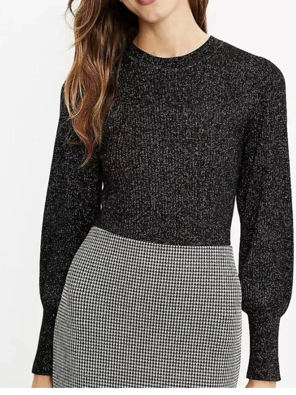 Loft Black Gold Shimmer Sparkle Puff Sleeve Knit Sweater Medium Party Chic Date